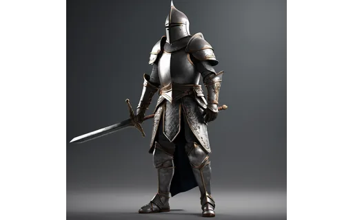 Stylised fantasy knight character render, full body, neutral grey backdrop
