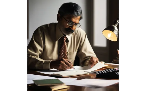 Middle aged indian man accountant at a desk with paper ledgers and a calculator, desk lamp
