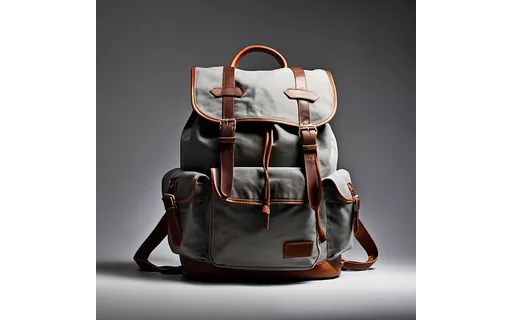 Canvas backpack on a plain grey studio background, three quarter, soft light