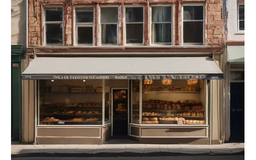 The exterior of a small independent bakery on a quiet street, awning and window display, morning light