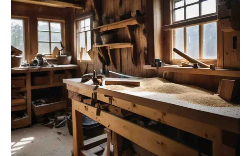 Preview of A cluttered joinery workshop (JPEG q25)