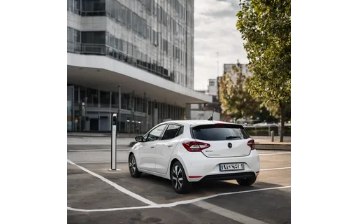 Preview of White electric hatchback at a (lossless PNG)