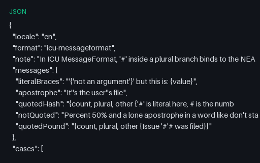 Preview of ICU MessageFormat: Apostrophe and brace quoting