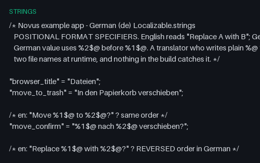 Preview of Apple .strings: positional arguments that reorder (German)