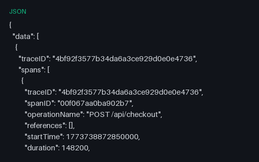 Preview of Jaeger JSON Trace: Same 13-Span Checkout (json)