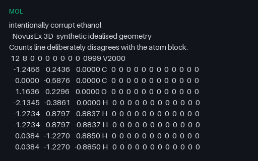 Preview of Intentionally Corrupt Molfile: Counts Line Disagrees With the Atom Block (.mol)
