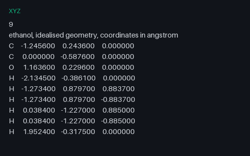 Preview of Ethanol: XYZ Cartesian Coordinates (.xyz)