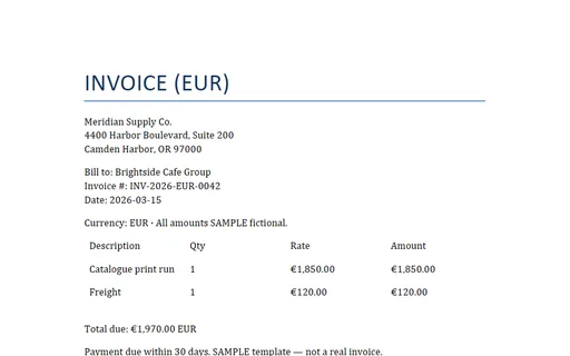 Preview of Multi-Currency Invoice (EUR, DOCX, SAMPLE)