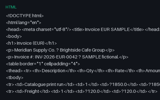 Preview of Multi-Currency Invoice (EUR, HTML, SAMPLE)