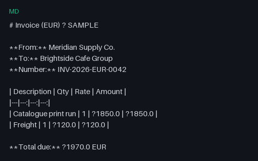 Preview of Multi-Currency Invoice (EUR, Markdown, SAMPLE)