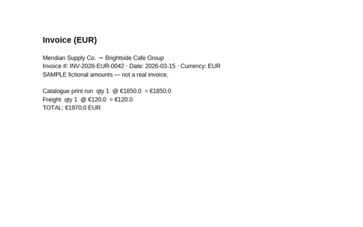 Preview of Multi-Currency Invoice (EUR, PDF, SAMPLE)