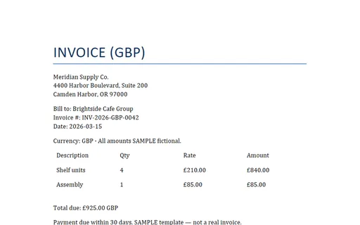Preview of Multi-Currency Invoice (GBP, DOCX, SAMPLE)