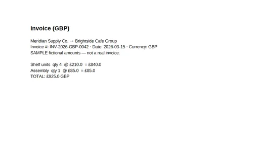 Preview of Multi-Currency Invoice (GBP, PDF, SAMPLE)
