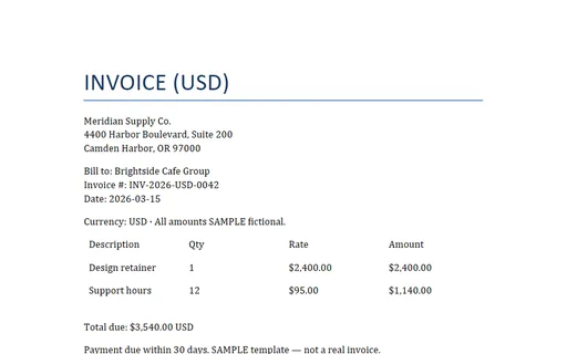 Preview of Multi-Currency Invoice (USD, DOCX, SAMPLE)