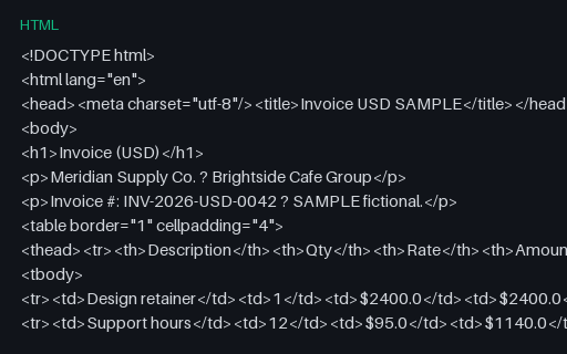Preview of Multi-Currency Invoice (USD, HTML, SAMPLE)