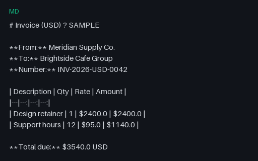 Preview of Multi-Currency Invoice (USD, Markdown, SAMPLE)
