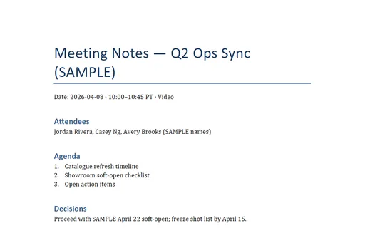 Preview of Meeting Notes: Ops Sync (DOCX, SAMPLE)