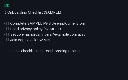 Preview of Onboarding Checklist (Markdown, SAMPLE)