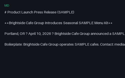 Preview of Press Release: Product Launch (Markdown, SAMPLE)