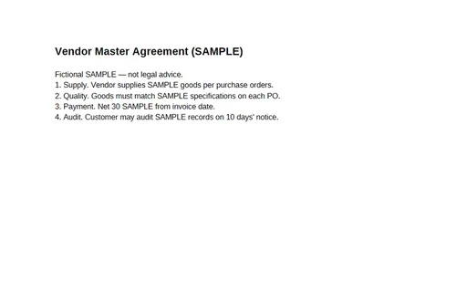 Preview of Vendor Master Agreement (PDF, SAMPLE)