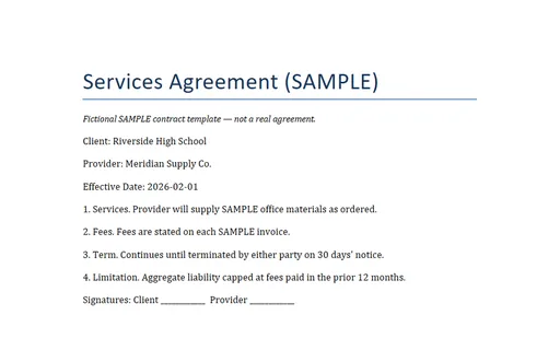 Preview of Services Agreement Template (PDF, SAMPLE)