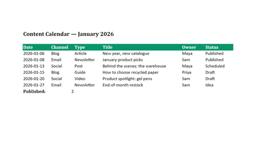 Preview of Content Calendar Template (XLSX)