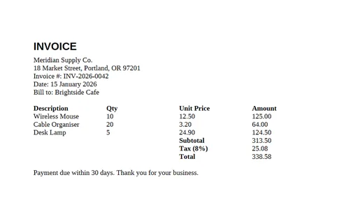 Preview of Invoice Template (ODT)