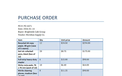 Preview of Purchase Order Template (DOCX)
