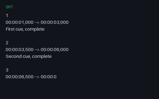Preview of SRT, Intentionally Corrupt: Truncated Mid-Cue