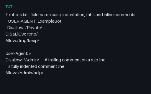 Preview of robots.txt - field case, tabs and indentation