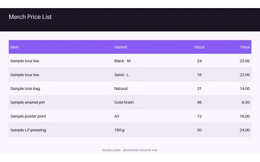 Merch Price List template preview
