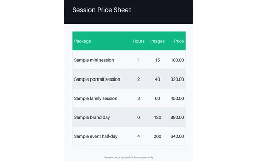 Session Price Sheet template preview