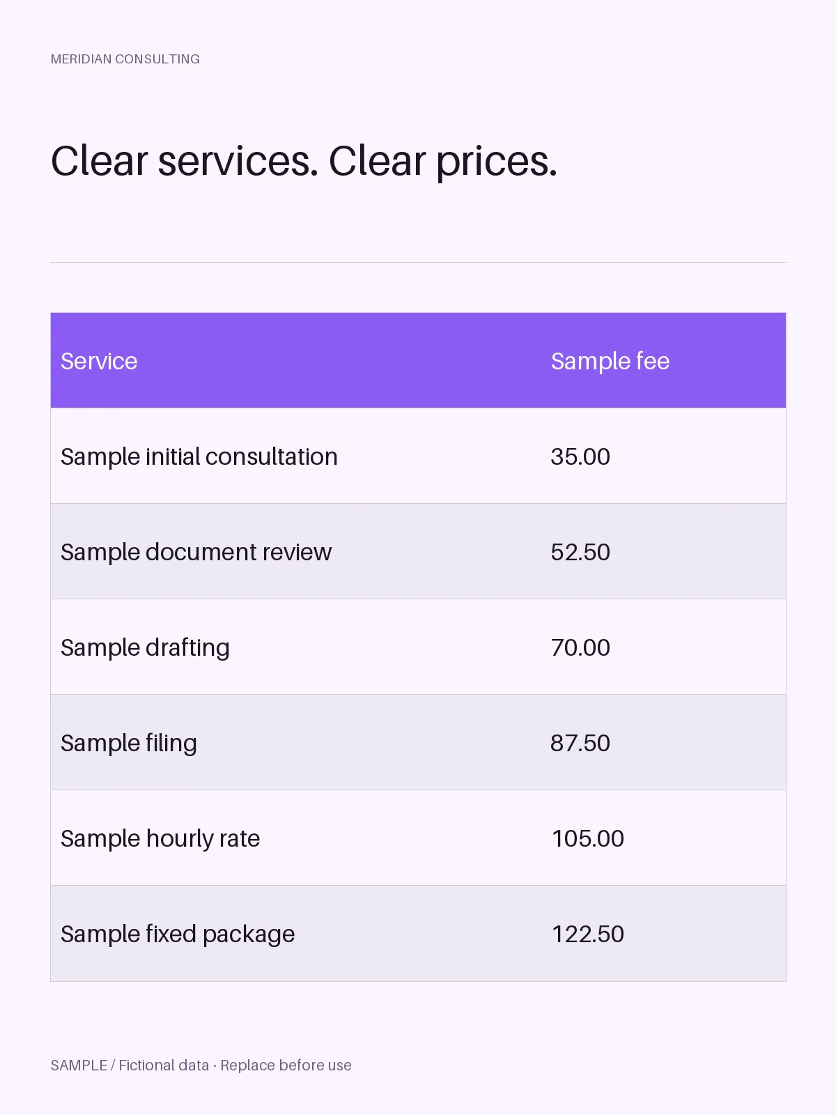 Published Fee Schedule Sheet: editable price-sheet with synthetic content